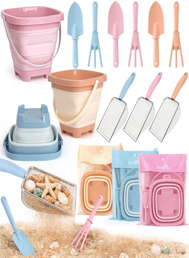 Dreamon Beach Sand Toys Mesh Shovel Set for Kids, 3 Pack Collapsible Sand Buckets and Filter Sand Scooper with Mesh Bag for Shell Collecting, Shark Tooth Sifter Dipper Sandbox Toys for Toddlers Boys Girls - Image 1