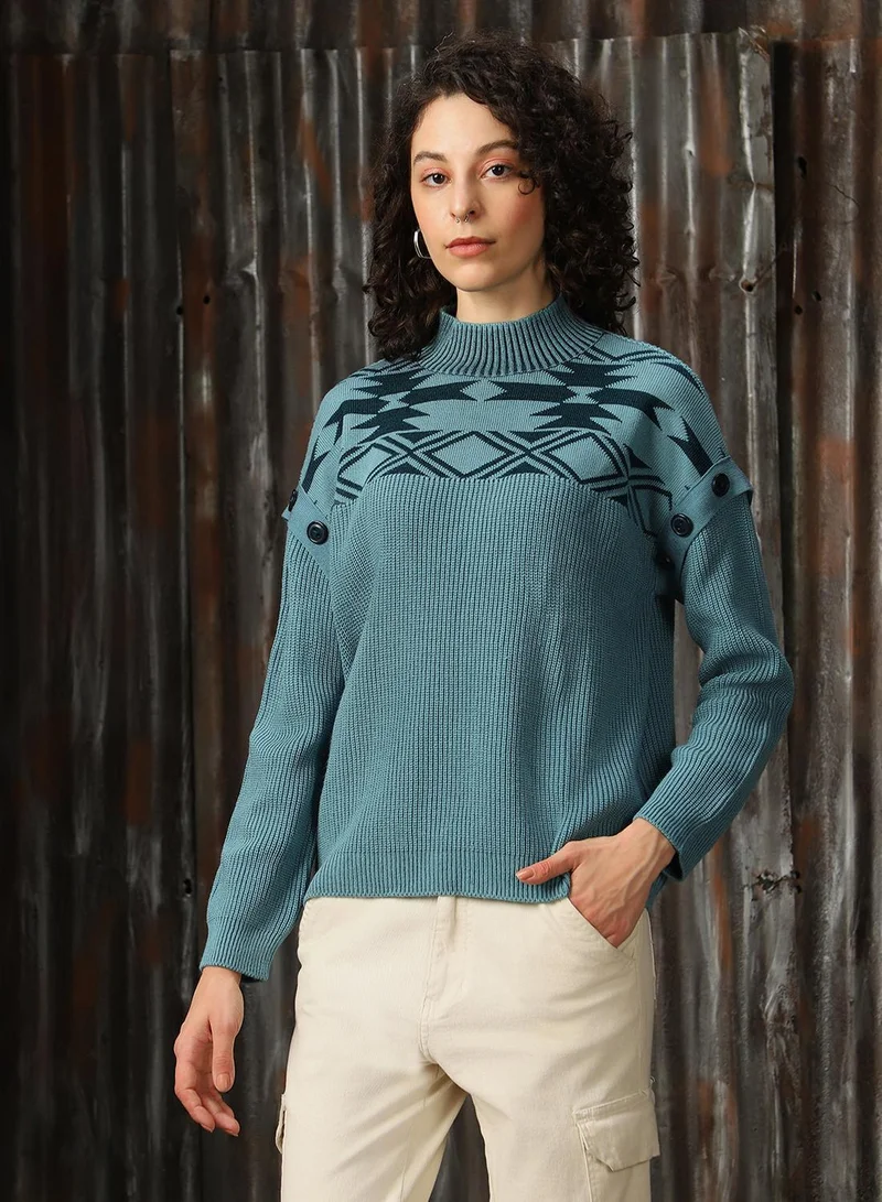 HIGH STAR Women's Arctic With Dark Teal 100% Acrylic Solid Oversized Sweater