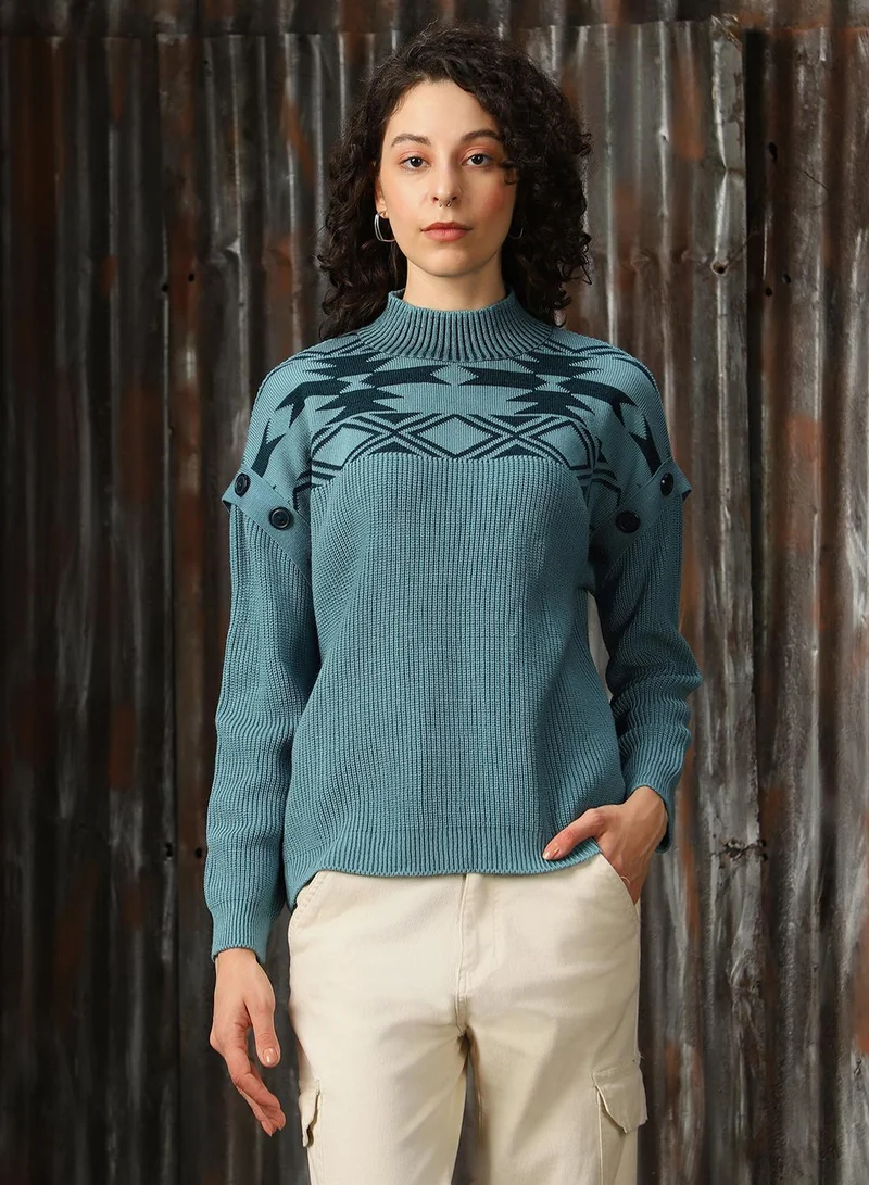 HIGH STAR Women's Arctic With Dark Teal 100% Acrylic Solid Oversized Sweater