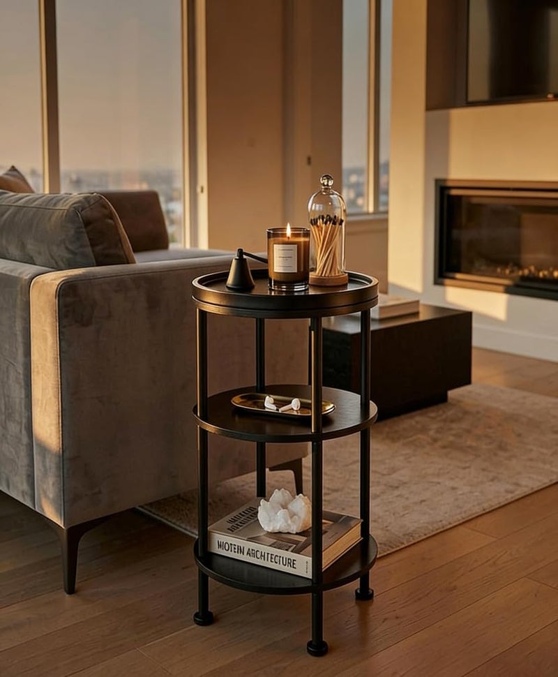 ZEXVIDA Small Round Side Table with Tray Top, 3-Tier Black End Table for Living Room & Bedroom, Modern Metal Nightstand with Storage Shelf, 11.8" Narrow Accent Table for Small Spaces, Balcony, Classic Black - Image 3