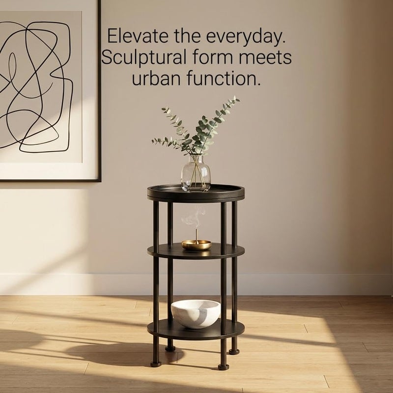 ZEXVIDA Small Round Side Table with Tray Top, 3-Tier Black End Table for Living Room & Bedroom, Modern Metal Nightstand with Storage Shelf, 11.8" Narrow Accent Table for Small Spaces, Balcony, Classic Black - Image 2