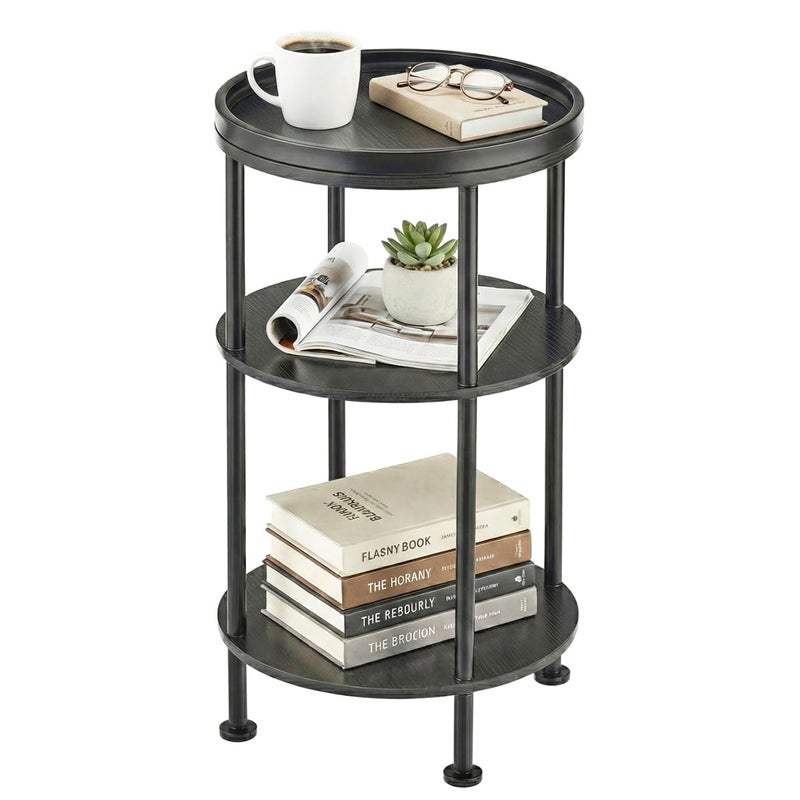 ZEXVIDA Small Round Side Table with Tray Top, 3-Tier Black End Table for Living Room & Bedroom, Modern Metal Nightstand with Storage Shelf, 11.8" Narrow Accent Table for Small Spaces, Balcony, Classic Black - Image 1