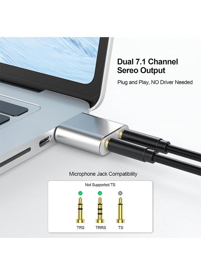 داريو - بطاقة صوت USB، محول USB إلى مقبس الصوت 7.1 قناة بطاقة صوت ستيريو خارجية مع سماعة رأس ميكروفون TRS TRRS مقاس 3.5 مم للكمبيوتر الشخصي والكمبيوتر المحمول وPS4 وWindows وMAC وLinux - Image 1