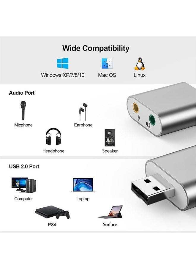 داريو - بطاقة صوت USB، محول USB إلى مقبس الصوت 7.1 قناة بطاقة صوت ستيريو خارجية مع سماعة رأس ميكروفون TRS TRRS مقاس 3.5 مم للكمبيوتر الشخصي والكمبيوتر المحمول وPS4 وWindows وMAC وLinux - Image 1