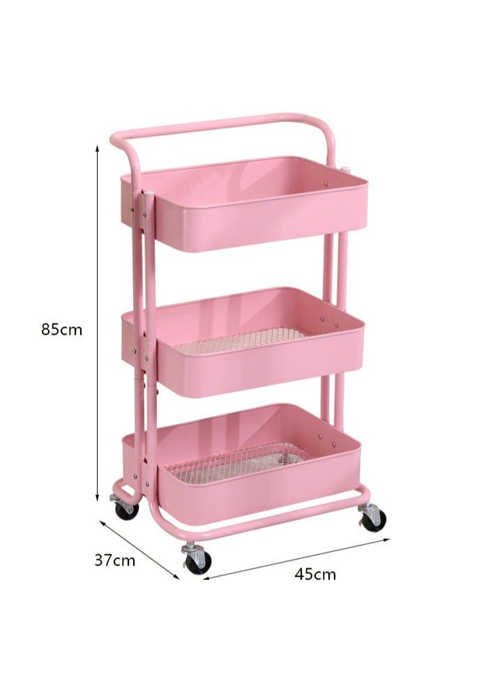 dida-cosmos 3 Tier Rolling Shelves Metal Trolley Storage Rack Pink 85x45x37cmwith Handle and Lockable Wheels, Multifunctional Storage Shelves for Kitchen Living Room Office Pink - Image 2
