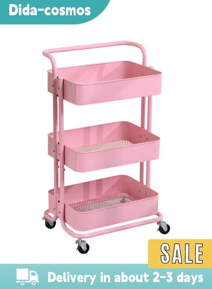 dida-cosmos 3 Tier Rolling Shelves Metal Trolley Storage Rack Pink 85x45x37cmwith Handle and Lockable Wheels, Multifunctional Storage Shelves for Kitchen Living Room Office Pink - Image 1