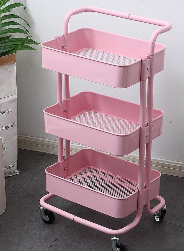 dida-cosmos 3 Tier Rolling Shelves Metal Trolley Storage Rack Pink 85x45x37cmwith Handle and Lockable Wheels, Multifunctional Storage Shelves for Kitchen Living Room Office Pink - Image 4
