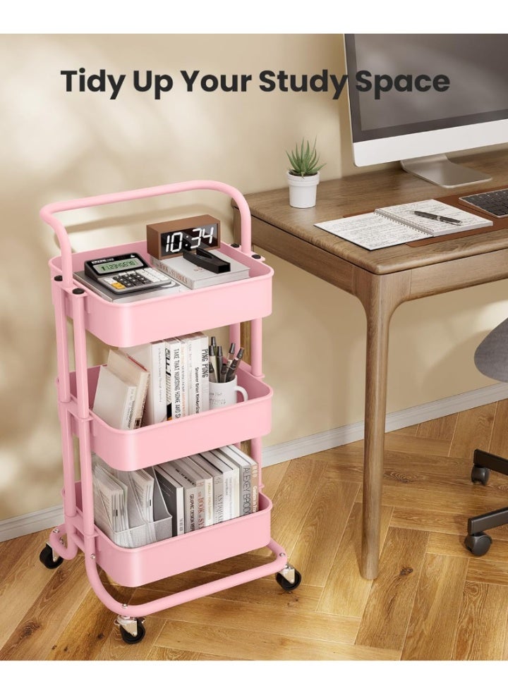 dida-cosmos 3 Tier Rolling Shelves Metal Trolley Storage Rack Pink 85x45x37cmwith Handle and Lockable Wheels, Multifunctional Storage Shelves for Kitchen Living Room Office Pink - Image 5