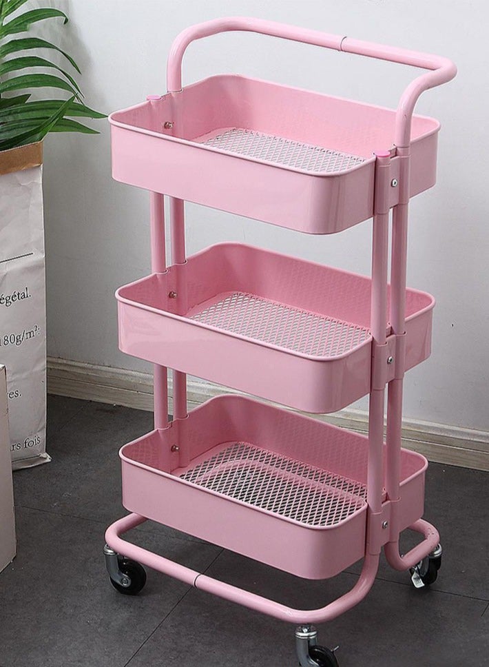 dida-cosmos 3 Tier Rolling Shelves Metal Trolley Storage Rack Pink 85x45x37cm  - Image 4