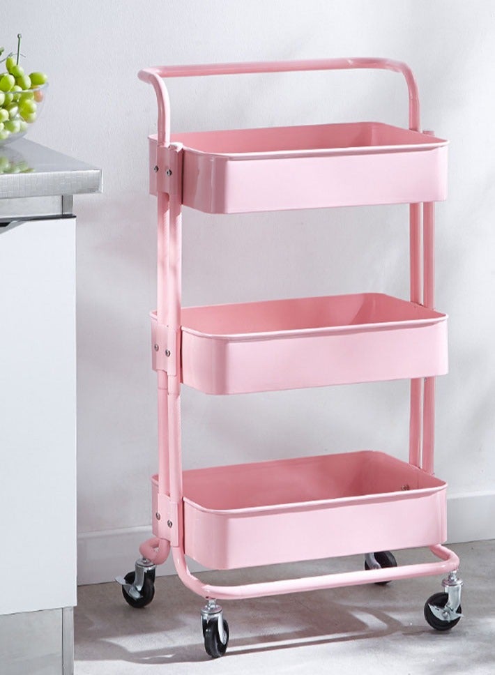 dida-cosmos 3 Tier Rolling Shelves Metal Trolley Storage Rack Pink 85x45x37cm  - Image 5
