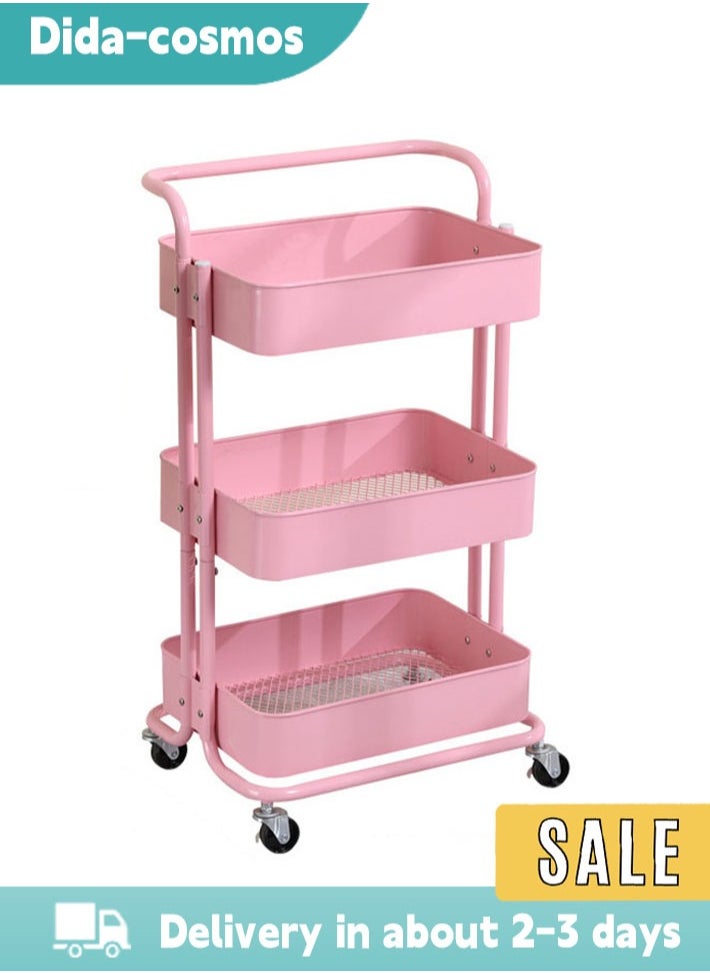 dida-cosmos 3 Tier Rolling Shelves Metal Trolley Storage Rack Pink 85x45x37cm 