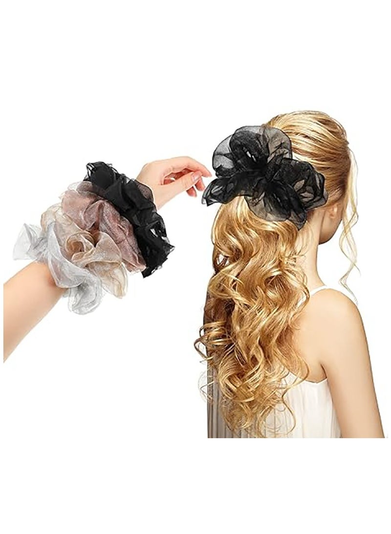 KASTWAVE Big Organza Scrunchies 4 Pcs Large Silky Hair Ties Oversized Scrunchie Stretchy Bling XL Scrunchies Bobble Jumbo Hair Scrunchies Elastic Hair Band Ponytail Holder for Women Girls, 4 Colors - Image 1