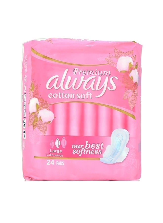 Always Premium Cotton Soft Sanitary Pads With Wings, L, 24 Pcs