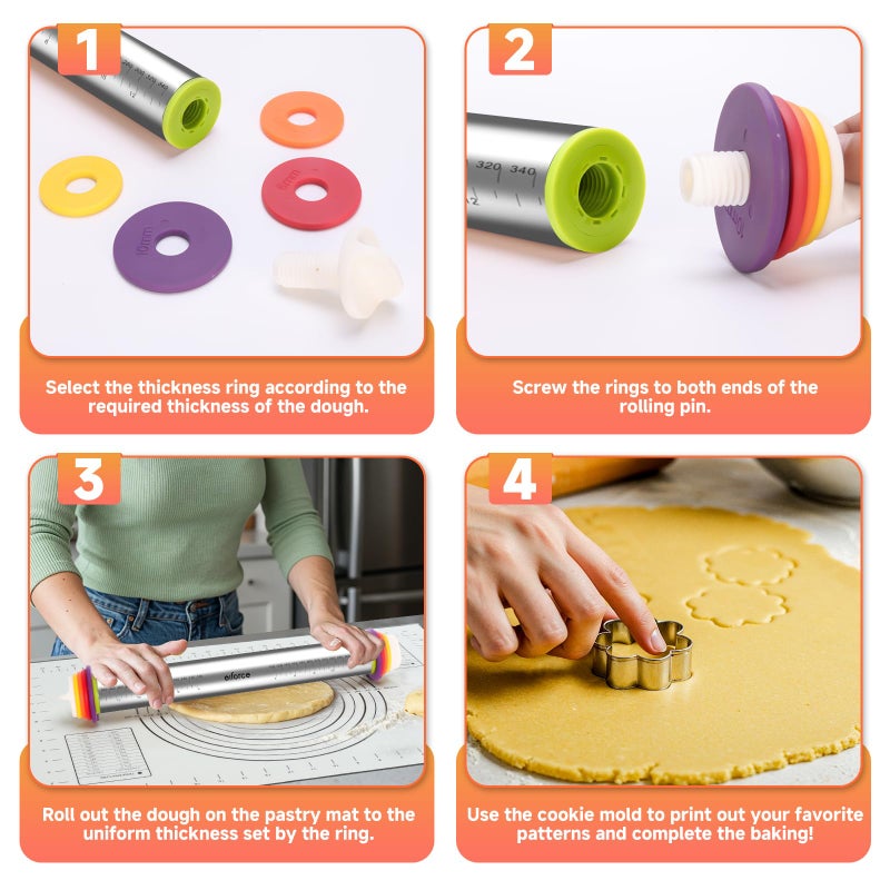 Olforce Stainless Steel Rolling Pin with Thickness Rings and Pastry Baking Mat, Pizza, Cookie, Bread, Pie Crusts,Roller Rod for Dough Thickness, 13.6" with 4 Multicolored Thickness Rings&Cookie Molds - Image 3