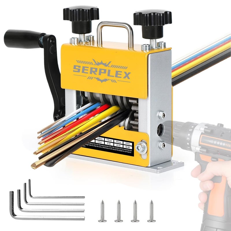 Serplex ® آلة تقشير الأسلاك اليدوية 6 في 1 مع 6 فتحات كابل و 5 شفرات كربيد، أداة تقشير الأسلاك اليدوية 2 في 1 تعمل بالدرل مع مقبض يدوي قابل للفصل، للكابل بقطر 0.5-17 مم - Image 1