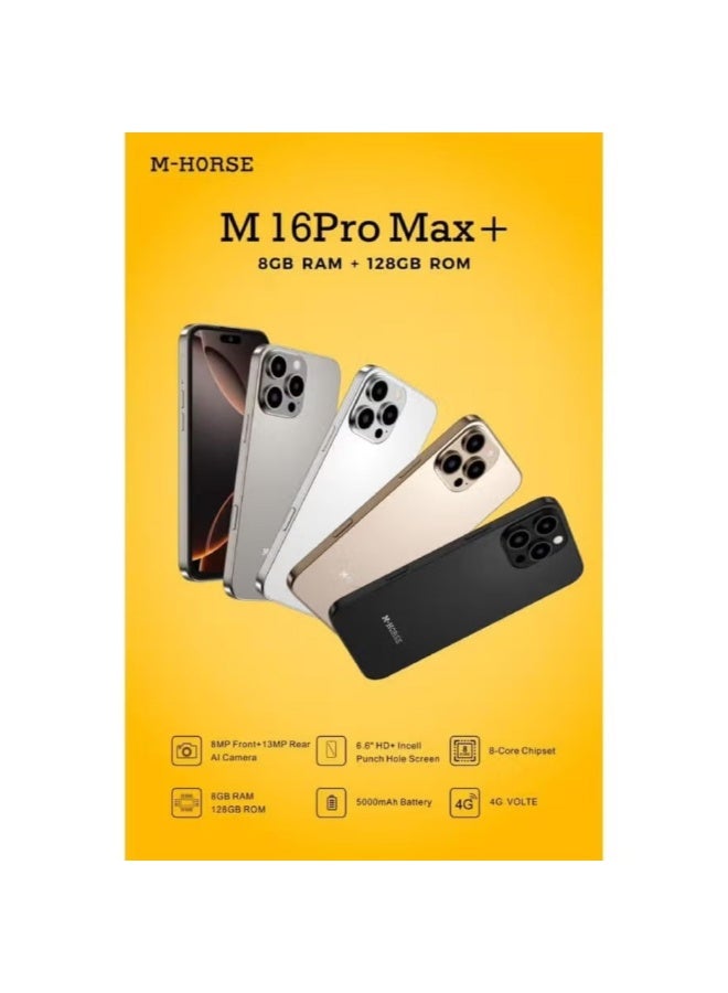 M-HORSE M16 Pro Max Smartphone, 8GB RAM, 128GB Storage, 6.6-Inch HD+ Display, AI Dual Camera, USB Type-C – Silvery Titanium - Image 3