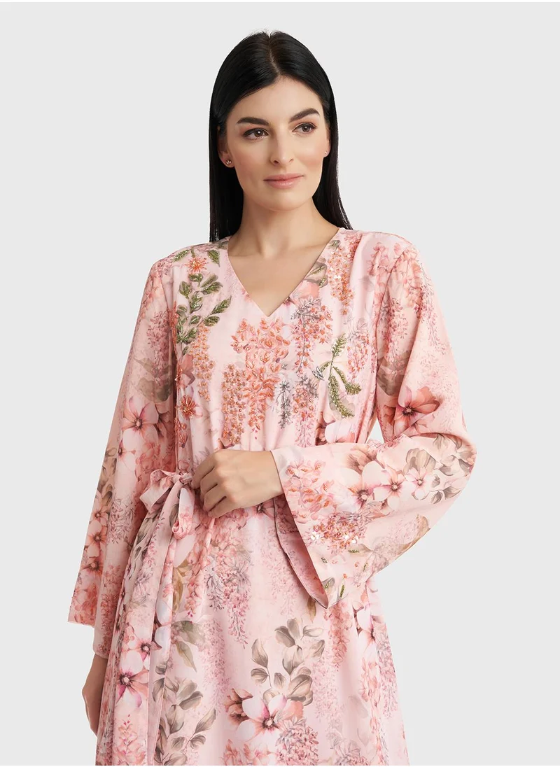 كشخة Georgette Floral Print Long Dress with Beadwork