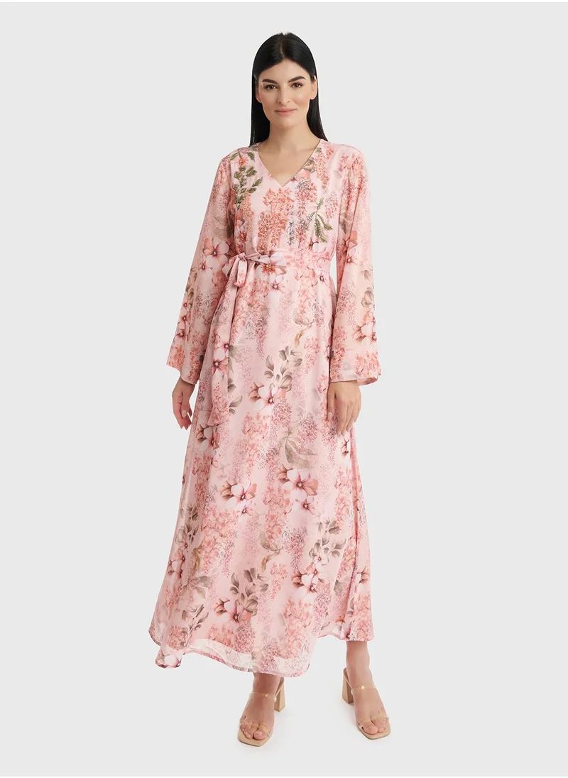 كشخة Georgette Floral Print Long Dress with Beadwork