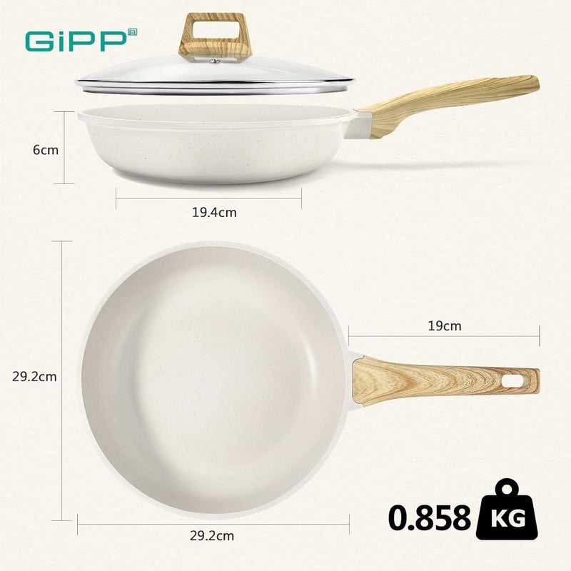 GiPP مقلاة غير لاصقة مع غطاء - 28 سم من الجرانيت الأبيض، مقلاة عجة بمقبض مقاوم للحرارة، متوافقة مع جميع المواقد، آمنة للغسالة، خالية من PFOA - Image 2
