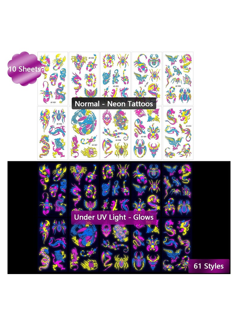 Excefore 10 Sheets Neon Temporary Tattoos Glow In The UV Neon Tattoos Stickers 61 Glitter Styles Dragon Scorpion Spider Cool Fake Waterproof Tattoos for Men Women Party Decoration  - Image 4