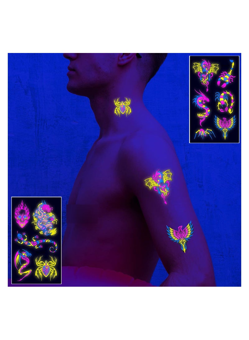 Excefore 10 Sheets Neon Temporary Tattoos Glow In The UV Neon Tattoos Stickers 61 Glitter Styles Dragon Scorpion Spider Cool Fake Waterproof Tattoos for Men Women Party Decoration  - Image 3