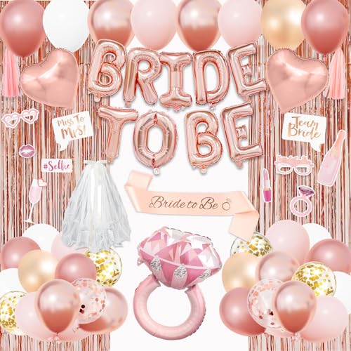 Amandir Bachelorette Party Decorations Supplies Rose Gold Bridal Shower Decorations Bride Foil Ring To Be Sash Veil Pink White Gold Heart Balloons Photo Booth Props Fringe Curtains Paper Tassel - Image 1