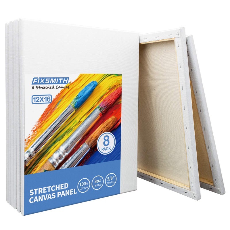 FIXSMITH قماش ابيض فارغ قابل للتمدد - 12 × 16 انش، عبوة كبيرة من 8 قطع، معبي، 100% قطن، 5/8 انش لمحة عن عبوة قيمة فائقة للاكريليك والزيوت ووسائط الرسم الاخرى. - Image 1