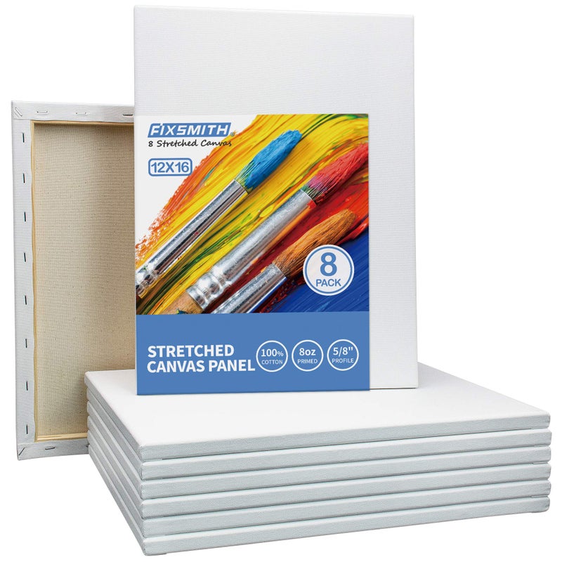 FIXSMITH قماش ابيض فارغ قابل للتمدد - 12 × 16 انش، عبوة كبيرة من 8 قطع، معبي، 100% قطن، 5/8 انش لمحة عن عبوة قيمة فائقة للاكريليك والزيوت ووسائط الرسم الاخرى. - Image 2