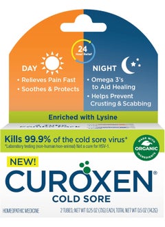 CUROXEN Cold Sore Day & Night Relief Combo Pack, Cold Sore Ointment Day and Night Use, All Day Cold Sore Relief with All-Natural & Organic Ingredients, Enriched with Lysine - 2 Tubes, 0.25 oz Each 