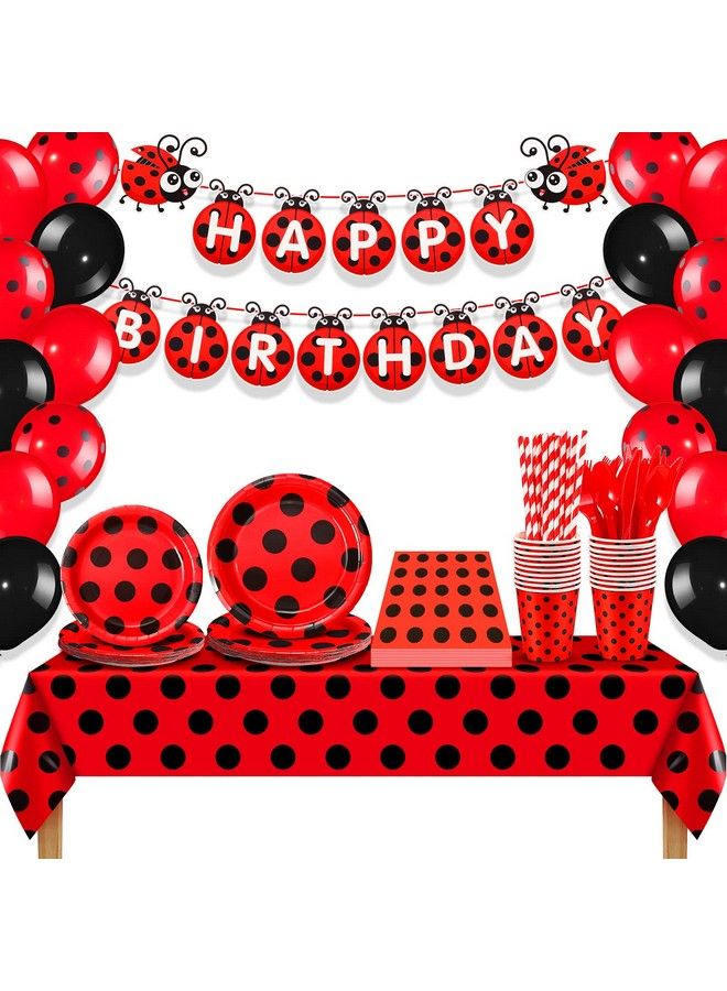 Sumind 200 Pcs Ladybug Party Supplies Include Ladybug Balloons Ladybug Party Tableware Happy Birthday Banner Red Black Dots Tablecloth Cups Straws Napkins For Kids Adults Birthday Decorations - Image 1