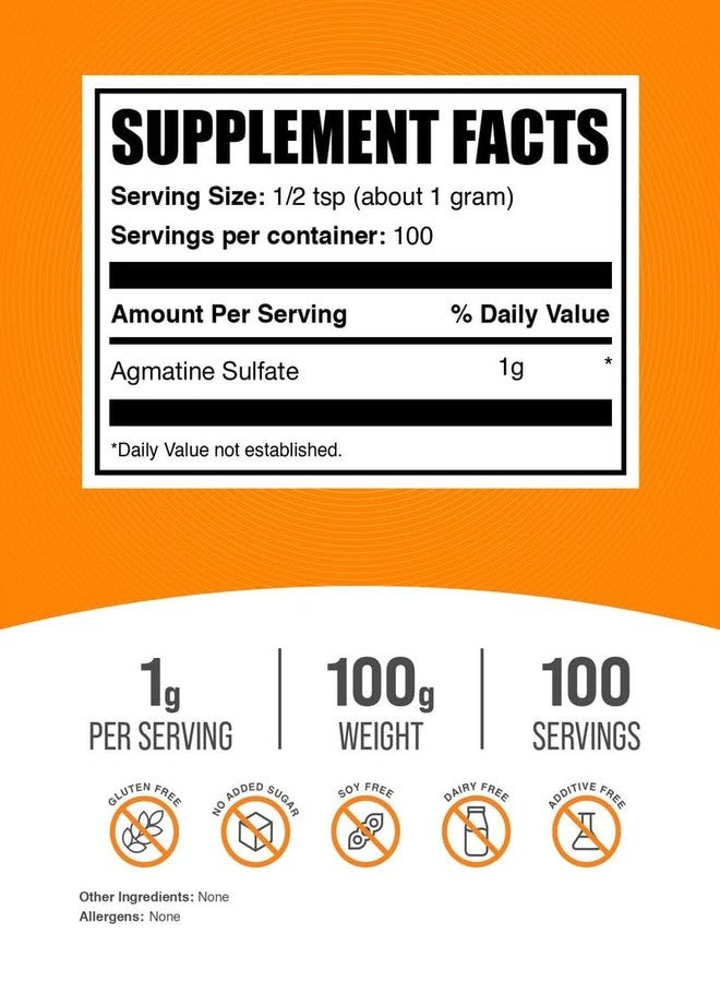 BulkSupplements.com Agmatine Sulfate Powder - Nitric Oxide Supplement, Pre Workout Powder - Unflavored & Gluten Free, 1g per Serving, 100g (3.5 oz) (Pack of 1) - Image 2
