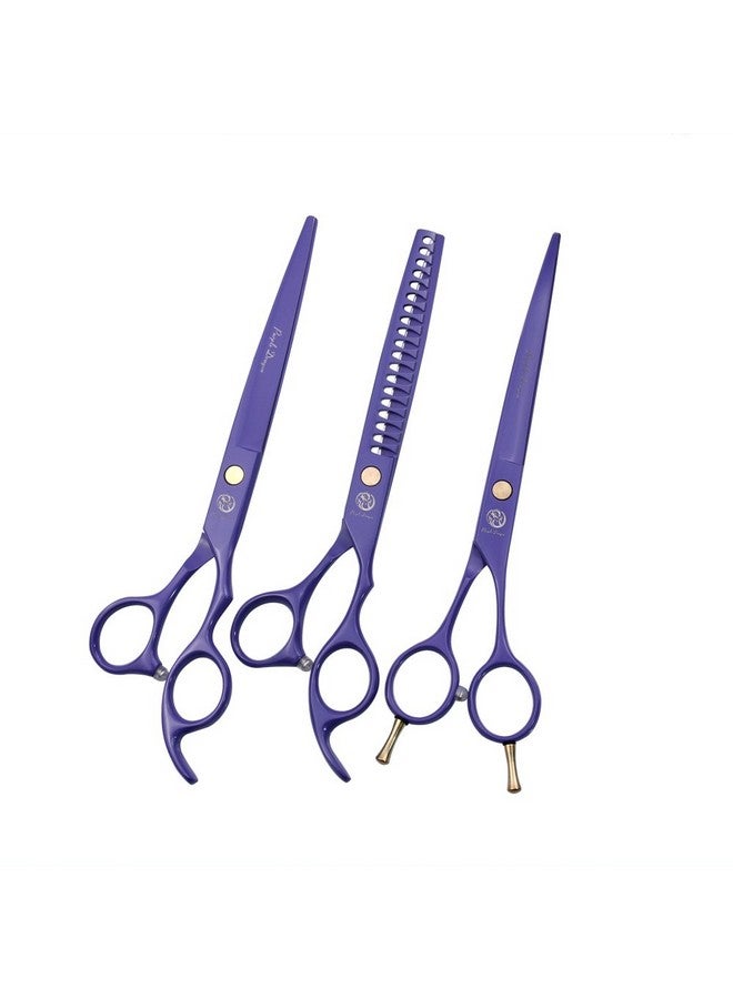 Purple Dragon 7.0 inch Professional Dog Grooming Hair Cutting Scissor &Curved Scissor&Chunker Shear Kit with Bag - for Pet Groomer or Family DIY Pet Use - Image 1