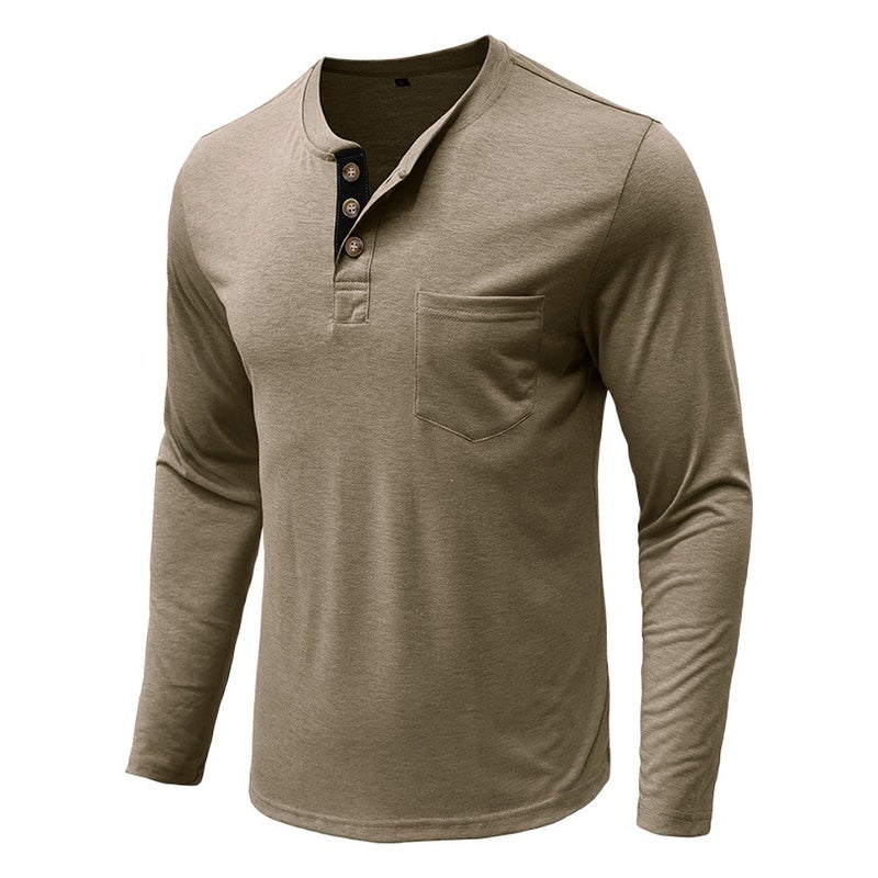 and Men''s Long Sleeve Round Neck T-shirt Men''s Base Shirt Foreign Trade Men''s T-shirt Henry Collar Top - Image 2