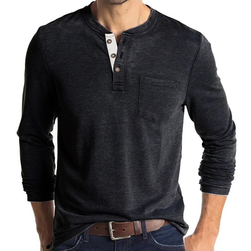 and Men''s Long Sleeve Round Neck T-shirt Men''s Base Shirt Foreign Trade Men''s T-shirt Henry Collar Top - Image 1