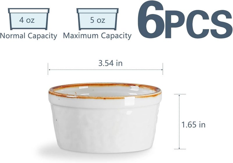 Onemore Ramekins 4 oz, Oven Safe Creme Brulee Ramekin Set of 6 for Baking, Speckled Ceramic Souffle Dishes with Brown Rim for Pudding Ice Cream, Porcelain Custard Cups Mini Bowls - Creamy White - Image 5