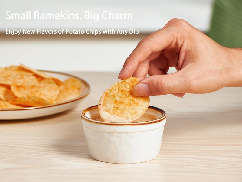 Onemore Ramekins 4 oz, Oven Safe Creme Brulee Ramekin Set of 6 for Baking, Speckled Ceramic Souffle Dishes with Brown Rim for Pudding Ice Cream, Porcelain Custard Cups Mini Bowls - Creamy White - Image 4