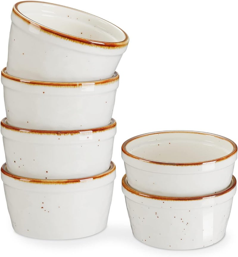 Onemore Ramekins 4 oz, Oven Safe Creme Brulee Ramekin Set of 6 for Baking, Speckled Ceramic Souffle Dishes with Brown Rim for Pudding Ice Cream, Porcelain Custard Cups Mini Bowls - Creamy White - Image 1