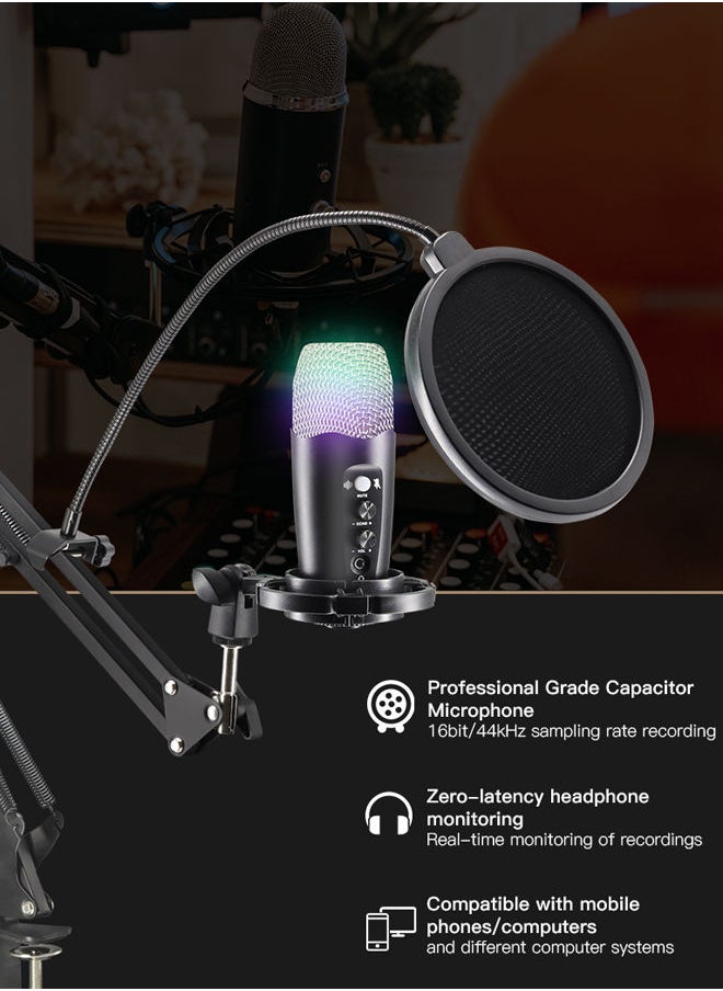 Sharpdo - Sharpdo PC Microphone, USB Condenser Microphone, Professional Recording Plug and Play Kit, Rgb Light, Recording Live, Game Dubbing Equipment ,YF99_RGB YF99 - Image 1