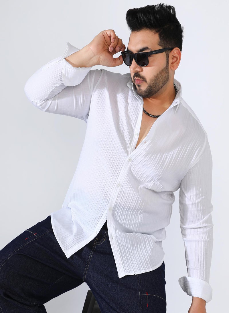 Instafab Plus Men's Chalk White Self-Design Striped Shirt - Image 1