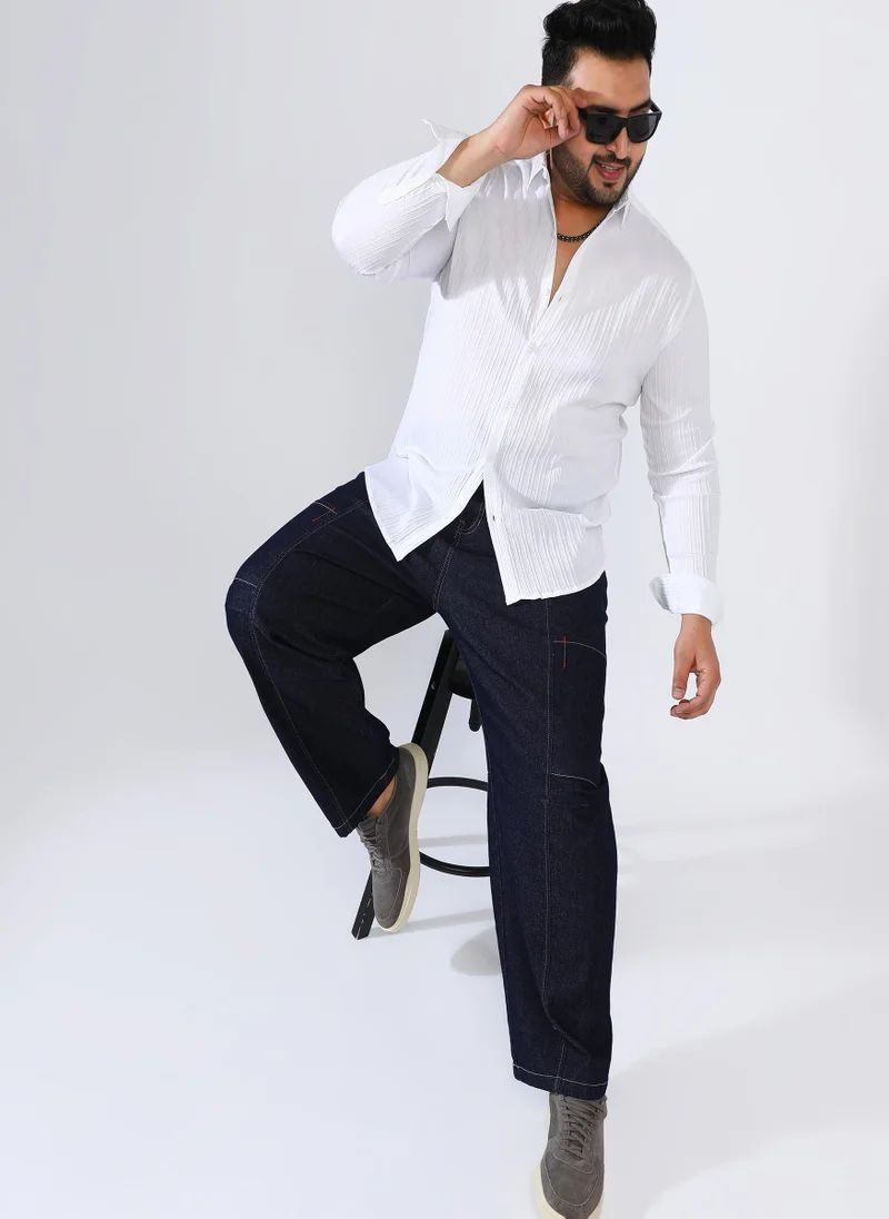 Instafab Plus Men's Chalk White Self-Design Striped Shirt