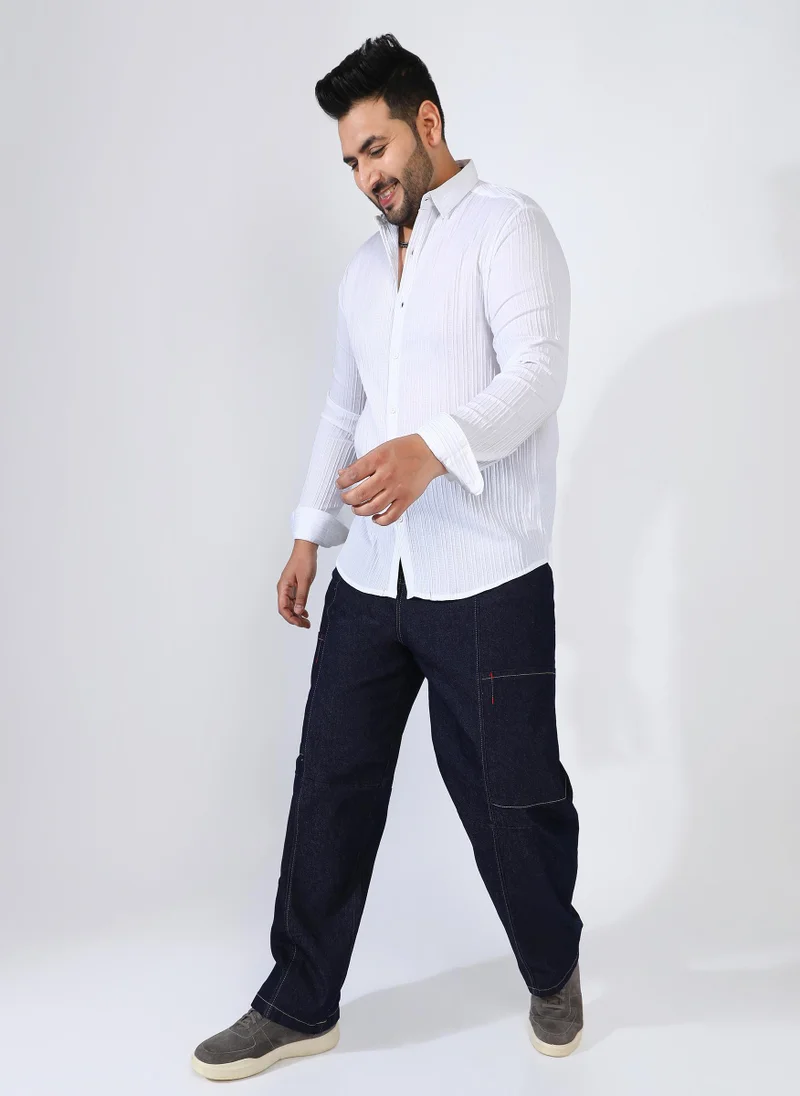 Instafab Plus Men's Chalk White Self-Design Striped Shirt