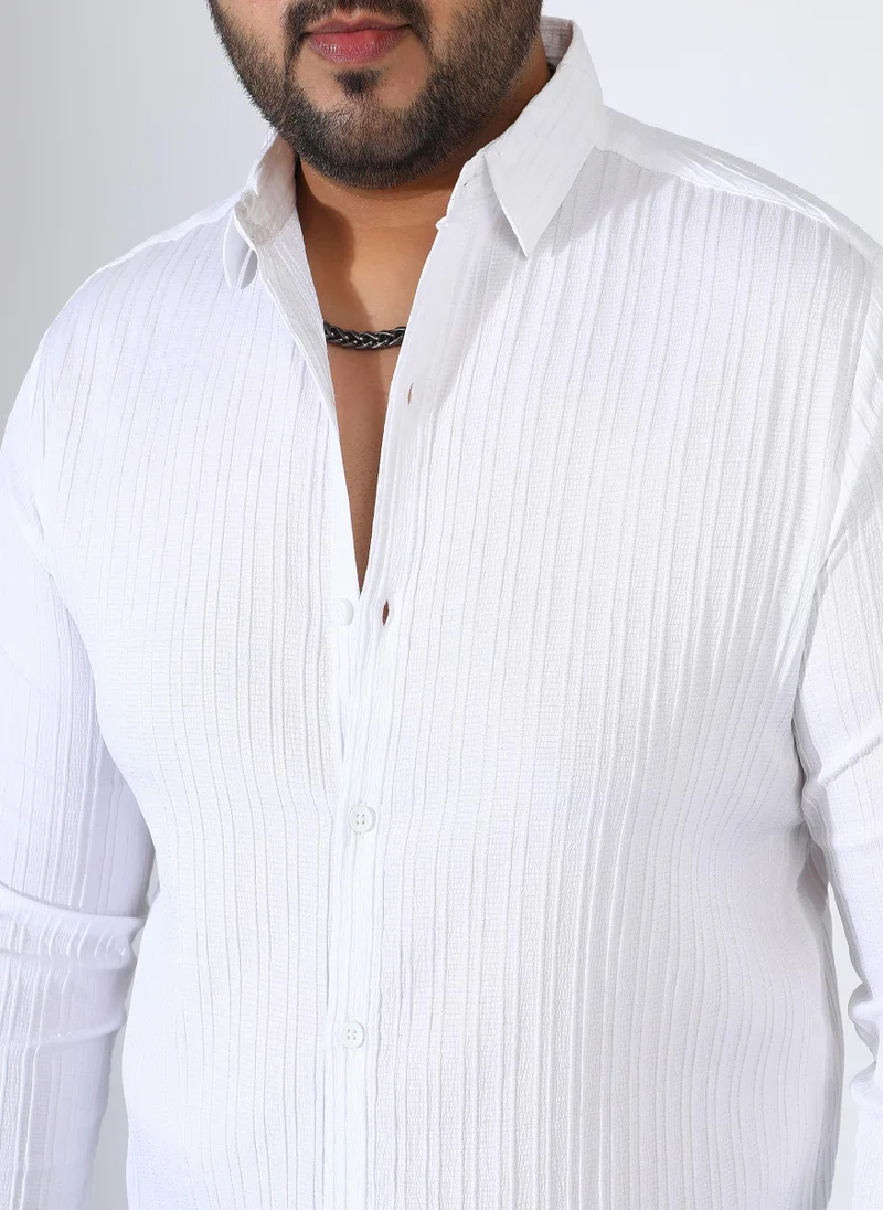Instafab Plus Men's Chalk White Self-Design Striped Shirt