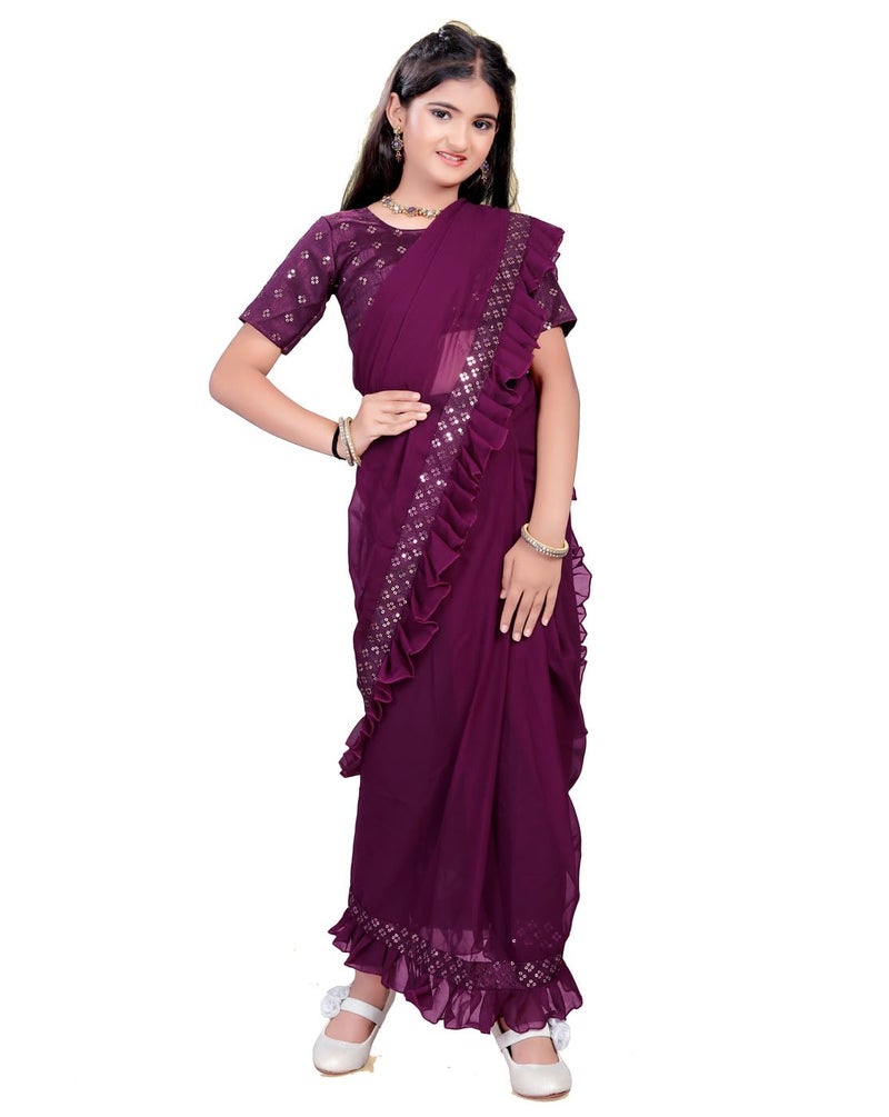 Xavima Kids Ethnic Wine Saree for Girls with Unstitched Blouse | Floral Embroidered Ready to Wear Saree | Lightweight Traditional Dress for Festive (Wine 7-8 Years) - Image 1