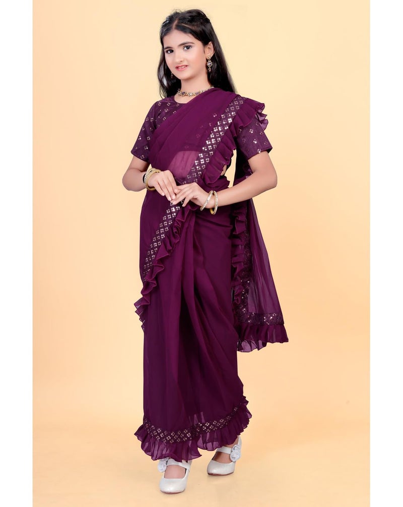 Xavima Kids Ethnic Wine Saree for Girls with Unstitched Blouse | Floral Embroidered Ready to Wear Saree | Lightweight Traditional Dress for Festive (Wine 7-8 Years) - Image 3