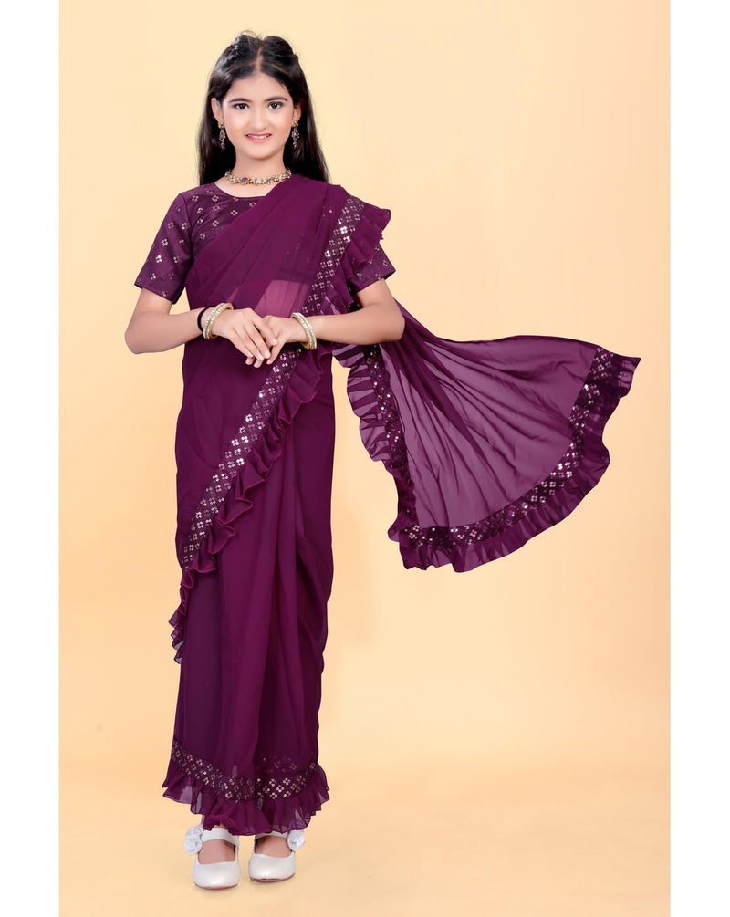 Xavima Kids Ethnic Wine Saree for Girls with Unstitched Blouse | Floral Embroidered Ready to Wear Saree | Lightweight Traditional Dress for Festive (Wine 7-8 Years) - Image 4