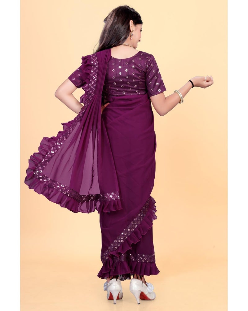 Xavima Kids Ethnic Wine Saree for Girls with Unstitched Blouse | Floral Embroidered Ready to Wear Saree | Lightweight Traditional Dress for Festive (Wine 7-8 Years) - Image 2