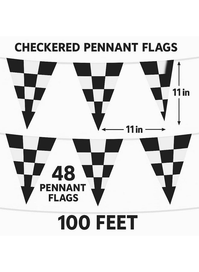 Oojami 100 Ft Black & White Checkered Pennant Banner - Party Flags for Kids & Adults - Durable Plastic Race Car Party Decorations for Birthdays, Derby Days, Racing Events & Celebrations - Image 2