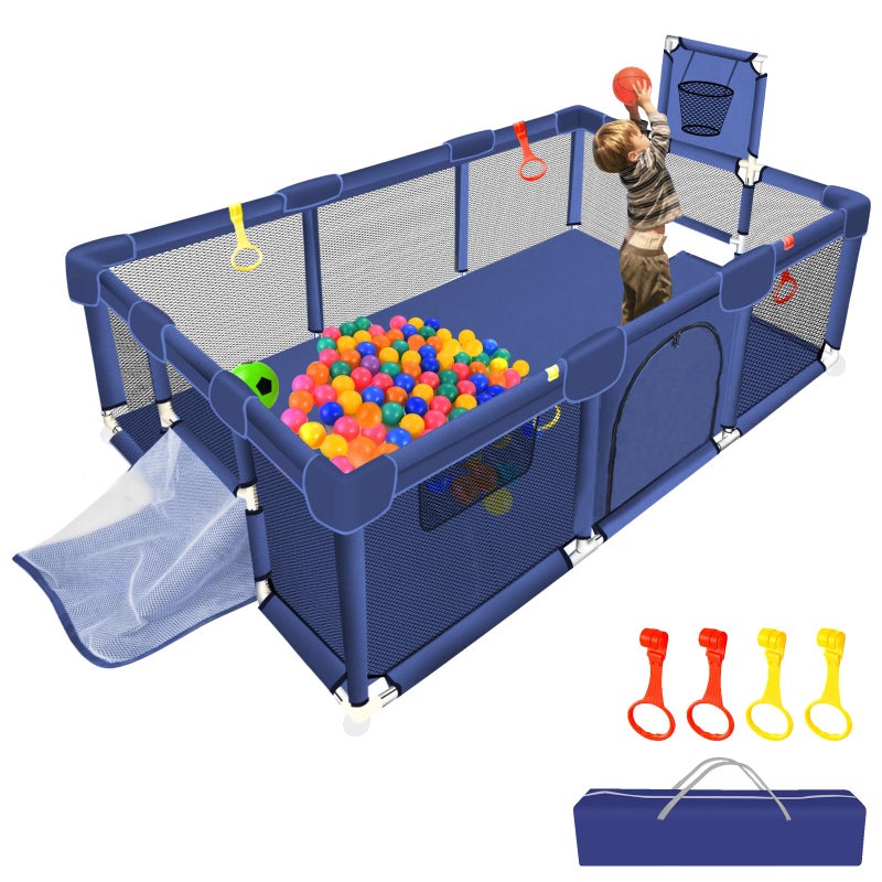 SZBOB Large Playpen for Babies and Toddlers 7450 Kids Ball Pit Sturdy Play Yard with Basketball Hoop Soccer Nets Childrens Fence Play Area with Breathable Mesh Indoor Outdoor Infant Safety Gate 