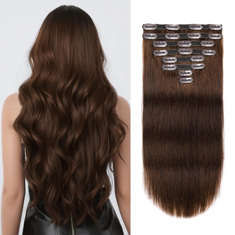 Jiameisi Clip in Hair Extensions Real Human Hair 16inch Remy Human Hair Extensions Double Weft 120g 8pcs Natural Straight Clip ins for Women 4 Medium Brown