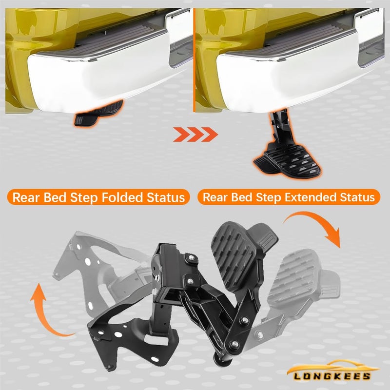LONGKEES Retractable Rear Bed Step FIT 2019-2024 Dodge Ram 1500 DT New Body Style w/Dual Exhaust, Driver Side Tailgate Bumper Step, Replaces 82215289AG 82215289AH - Image 2